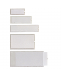 Porta etichette autoadesive in PVC trasparente con etichette intercambiabili. Facili da applicare su cassetti, ripiani, scatole, raccoglitori, valige, barattoli e bottiglie. Formato 24x63mm.
