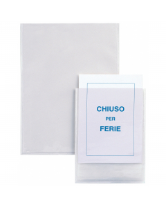 Tasca autoadesive in PVC trasparente adatta ad esporre avvisi (affittasi, torno subito, chiuso per ferie, saldi), regolamenti, istruzioni e a personalizzare cartelle, raccoglitori ad anelli. Formato contenuto 210x297mm (A4). Confezione da 5 buste.