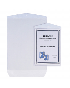 Buste porta avvisi in PVC con foro rinforzato per appendere e patella di chiusura dal basso. Ideali per proteggere dalla polvere e dall'umidità, istruzioni, avvisi, tabelle, licenze, menu, informazioni pubbliche.Formato contenuto 230x330 mm.