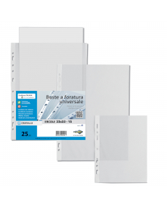 Buste forate realizzate in PVC trasparente cristallo super resistente, con foratura universale. Formato 25x35cm. Confezione da 25 buste.