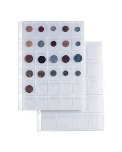 Buste con foratura universale rinforzata in PVC per la raccolta di monete di varie dimensioni. Dotate di chiusura particolare per evitare l'uscita accidentale. Dotata di 30 tasche da 3,4x4,5cm. Formato busta 21x29.7cm. Confezione da 10 buste.