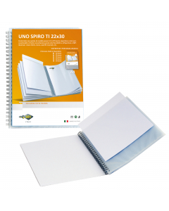 Porta listini con spirale di metallo passo 3:1 in PP buccia con copertina e retro personalizzabili, di facile consultazione grazie alla flessibilità e all'apertura a 360°. Ideali per listini, cantici, messali. Formato contenuto: 220x300mm(A4). Contiene 40