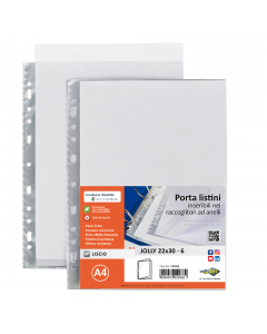 Porta listini trasparenti a fogli fissi con foratura universale in PP liscio. Inseribili in tutti i raccoglitori ad anelli. Disponibili a 6 buste (12 facciate) e a 12 buste (24 facciate). F.to 22x30cm
