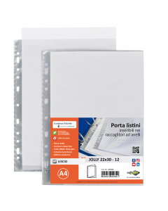 Porta listini trasparenti a fogli fissi con foratura universale in PP liscio. Inseribili in tutti i raccoglitori ad anelli. Disponibili a 6 buste (12 facciate) e a 12 buste (24 facciate). F.to 22x30cm