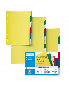 Separatori neutri colorati realizzati in Polipropilene. Dotati di 6 tasti scrivibili per una comoda classificazione dei documenti. Foratura universale. Formato contenuto: 21x29,7 cm (A4).