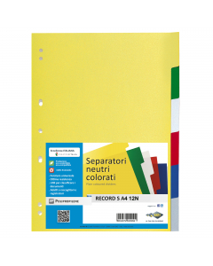 Separatori neutri colorati realizzati in Polipropilene. Dotati di 12 tasti scrivibili per una comoda classificazione dei documenti. Foratura universale. Formato contenuto: 21x29,7 cm (A4).