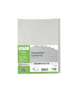 Separatori numerici in polipropilene con foratura universale adatti alla suddivisione giornaliera o mensile. Possono essere inseriti sia nei raccoglitori ad anelli, sia nei registratori. Formato A4 21x29,7cm.