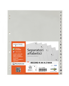 Separatori alfabetici in polipropilene con foratura universale adatti alla suddivisione giornaliera o mensile. Possono essere inseriti sia nei raccoglitori ad anelli, sia nei registratori. FormatoA4 21x29,7cm.