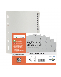 Separatori alfabetici in polipropilene con foratura universale adatti alla suddivisione giornaliera o mensile. Possono essere inseriti sia nei raccoglitori ad anelli, sia nei registratori. Formato A5 15x21cm.