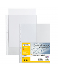 Buste in PP trasparante a bucccia d'arancia  con spessori medio. Foratura universale rinforzata. Ideali per archiviare qualsiasi tipo di documento. Formato utile 21x29,7cm.