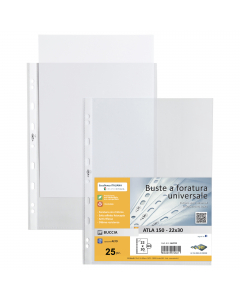 Buste forate in PP trasparente a  buccia d'arancia con spessori alto. Foratura universale rinforzata. Ideali per archiviare qualsiasi tipo di documento. Formato utile 22x30cm.