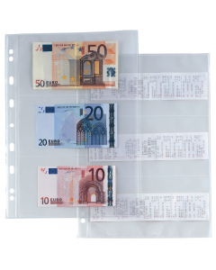 Buste porta banconote e scontrini fiscali con foratura universale in PP liscio. Dotate di 6 spazi (9,5x19cm) per la raccolta di scontrini fiscali, ricevute e banconote di vario taglio. Formato esterno 21x29,7cm.