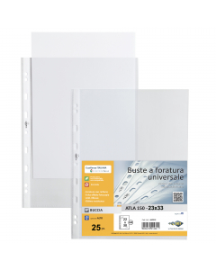 Buste forate  in PP trasparante a buccia d'arancia con spessori alto. Foratura universale rinforzata. Ideali per archiviare qualsiasi tipo di documento. Formato utile 23x33cm.