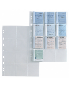 Buste porta matrici assegni con foratura universale in PP liscio. Dotate di 12 tasche da 65x72mm per la raccolta di matrici assegni. Formato esterno 210x297mm.