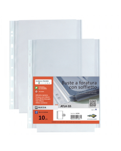 Buste in polipropilene con finitura a buccia d'arancia. Con soffietto con altissima capacità di contenuto fino a 250fogli. Foratura universale rinforzata. Ideali per archiviare cataloghi, quotidiani, listini, disegni, manuali, offerte. Formato contenuto A