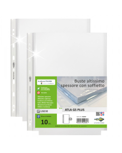 Buste con soffietto in PP liscio altissimo spessore e altissima capacità di contenuto, con foratura universale rinforzata. Contenuto massimo fino a 200 fogli. Ideali per archiviare cataloghi, quotidiani, listini, disegni, manuali, offerte.
