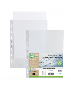 Buste in PP buccia, riciclato e riciclabile, con foratura universale
rinforzata. Spessori alto, medio. Confezione compostabile
al 100%. Ideali per archiviare qualsiasi tipo di documento,
con un particolare pensiero alla sostenibilità.
