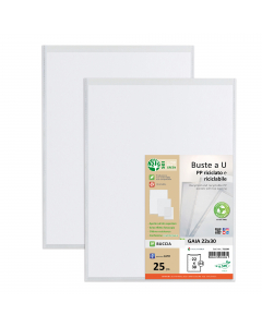 Buste in PP buccia, riciclato e riciclabile, aperte sul lato superiore.
Alto spessore. Confezione compostabile al 100%.
Ideali per archiviare qualsiasi tipo di documento (fotocopie, istruzioni, disegni, cartine) con un particolare pensiero alla sostenibil