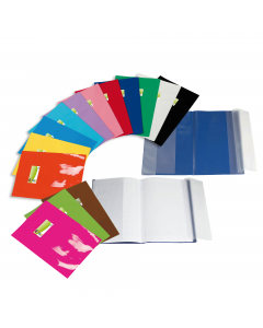 Copri maxi in morbido PVC laccato e colorato. Dotati di due tasche laterali salva-angoli per l'inserimento del quadernone e di due alette trasparenti utili come segna pagina. Finestrino trasparente saldato con etichetta inserita.
