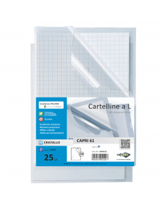 Cartelline Capri 61. Cartelline in PVC trasparente cristallo, alto spessore, con apertura a L e lunetta laterale per facilitare l'inserimento o l'estrazione. Ideali per raccogliere fogli e documenti. Non scivolano durante l'archiviazione. Formato esterno 