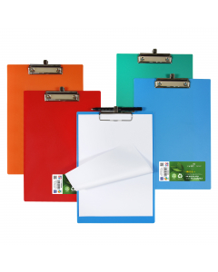 Portablocco realizzato con PP a latra riciclato e ricilabile. Dotato di molla porta penne universale. 4 colori assortiti: azzurro, arancione, verde e rosso.