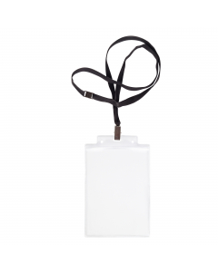 Porta nomi in PVC trasparente pesante con cordoncino nero con dettagli neutri. Pinzetta e chiusura antisoffocamento. Formato contenuto 10x15 cm. Apertura lato corto (alto)