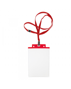 Porta nomi in PVC trasparente pesante con cordoncino rosso con dettagli rossi. Pinzetta e chiusura antisoffocamento. Formato contenuto 10x15 cm. Apertura lato corto (alto)