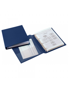 Raccoglitore in Colpan 2000® (cartone rivestito in PVC espanso), spessore 1 mm, con meccanismo a 4 anelli (a D) e tasca interna trasparente. Formato esterno: 265x310 mm. Formato contenuto: 220x300 mm (A4). Dorso: 40 mm. Diametro anelli: 25 mm. Colore blu.
