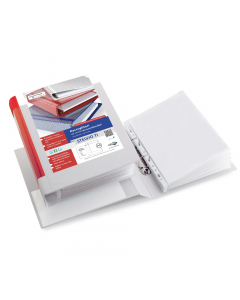 Raccoglitore personalizzabile in Colpan® (cartone rivestito in PVC) con tasca interna e meccanismo a 2 anelli (a D). Tasche trasparenti sul 1° quadrante e sul dorso che consentono l'inserimento facilitato della personalizzazione. Formato esterno: 285x310 