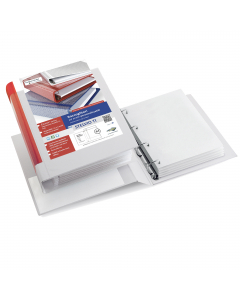 Raccoglitore personalizzabile in Colpan® (cartone rivestito in PVC) con tasca interna e meccanismo a 4 anelli (a D). Tasche trasparenti sul 1° quadrante e sul dorso che consentono l'inserimento facilitato della personalizzazione. Formato esterno: 265x310 