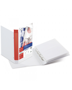 Raccoglitore personalizzabile in Colpan® (cartone rivestito in PVC) con tasca interna triangolare e meccanismo a 4 anelli (a D). Tasche trasparenti sul 1° quadrante e sul dorso che consentono l'inserimento facilitato della personalizzazione. Formato ester