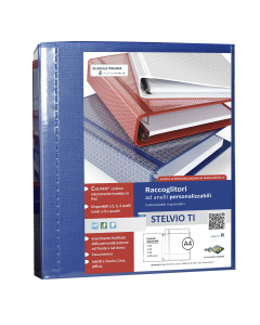 Raccoglitore personalizzabile in Colpan® (cartone rivestito in PVC) con tasca interna e meccanismo a 4 anelli (a D). Tasche trasparenti sul 1° quadrante e sul dorso che consentono l'inserimento facilitato della personalizzazione. Formato esterno: 260x310 