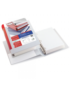 Raccoglitore personalizzabile in Colpan® (cartone rivestito in PVC) con meccanismo a 3 anelli (a D). Dotato di tasche trasparenti sul 1° quadrante e sul dorso. Inserimento facilitato della personalizzazione del dorso. Tasca interna non presente. Formato e