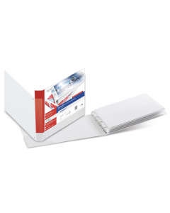 Raccoglitore bianco personalizzabile in Colpan¨ (cartone rivestito in PVC) con meccanismo a 4 anelli a D e tasca interna. Dotati di tasche trasparenti sul I° quadrante e sul dorso. Inserimento facilitato della personalizzazione nel dorso. Formato esterno: