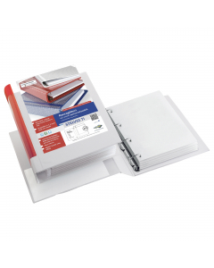 Raccoglitore personalizzabile in Colpan® (cartone rivestito in PVC) con tasca interna e meccanismo a 4 anelli quadri. Tasche trasparenti sul 1° quadrante e sul dorso che consentono l'inserimento facilitato della personalizzazione. Formato esterno: 285x310
