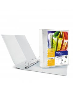 Raccoglitore personalizzabile in polipropilene colorato semitrasparente, con meccanismo a 4 anelli (a D). Dotato di tasche trasparenti sul 1° quadrante, sul dorso e all'interno. Inserimento facilitato della personalizzazione del dorso. Formato esterno: 26