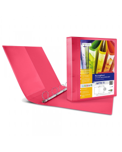 Raccoglitore personalizzabile in polipropilene colorato semitrasparente, con meccanismo a 4 anelli (a D). Dotato di tasche trasparenti sul 1° quadrante, sul dorso e all'interno. Inserimento facilitato della personalizzazione del dorso. Formato esterno: 26
