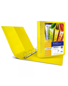 Raccoglitore personalizzabile in polipropilene colorato semitrasparente, con meccanismo a 4 anelli (a D). Dotato di tasche trasparenti sul 1° quadrante, sul dorso e all'interno. Inserimento facilitato della personalizzazione del dorso. Formato esterno: 26