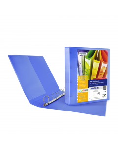 Raccoglitore personalizzabile in polipropilene colorato semitrasparente, con meccanismo a 4 anelli (a D). Dotato di tasche trasparenti sul 1° quadrante, sul dorso e all'interno. Inserimento facilitato della personalizzazione del dorso. Formato esterno: 26