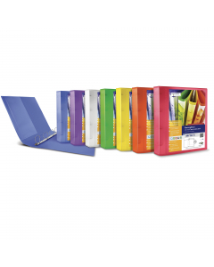 Raccoglitore personalizzabile in polipropilene colorato semitrasparente, con meccanismo a 4 anelli (a D). Dotato di tasche trasparenti sul 1° quadrante, sul dorso e all'interno. Inserimento facilitato della personalizzazione del dorso. Formato esterno: 27