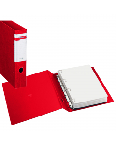 Raccoglitore in Colpan® (cartone rivestito in PVC) con meccanismo a 4 anelli (a D). Dotato di finestrino avvolgente con etichetta e di occhiello per l'estrazione in tinta. Ideale per archiviare documenti di frequente consultazione. Formato esterno: 260x31