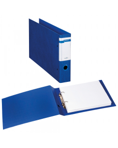 Raccoglitore ad album in Colpan® (cartone rivestito in PVC) con meccanismo a 2 anelli (a D). Dotato di finestrino avvolgente con etichetta e di occhiello per l'estrazione in tinta. Formato contenuto: 300x220 mm (A4 album). Diametro anelli: 40 mm. Colore b