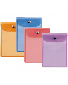 Buste in PVC colorato, alto spessore, con patella e bottone di chiusura in metallo. Ideali per istruzioni, documenti, campioni, certificati di garanzia, monete, disegni, agende. Formato contenuto: 180x240 mm. Assortimento colori: lilla, rosa, azzurro, ara