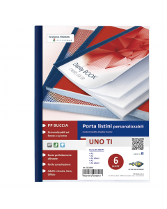 Porta listini a 6 buste in PP buccia arancia, con copertina e retro personalizzabili. Dorso blu. Il perfetto allineamento delle buste e la particolare saldatura facilitano la consultazione. Formato contenuto 220x300mm.
