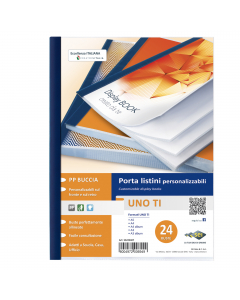 Porta listini a 24 buste in PP buccia arancia, con copertina e retro personalizzabili. Dorso blu. Il perfetto allineamento delle buste e la particolare saldatura facilitano la consultazione. Formato contenuto 220x300mm.