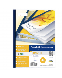 Porta listini a 36 buste in PP buccia arancia, con copertina e retro personalizzabili. Dorso blu. Il perfetto allineamento delle buste e la particolare saldatura facilitano la consultazione. Formato contenuto 220x300mm.