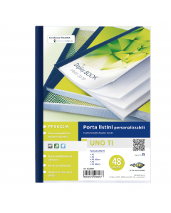 Porta listini a 48 buste in PP buccia arancia, con copertina e retro personalizzabili. Dorso blu. Il perfetto allineamento delle buste e la particolare saldatura facilitano la consultazione. Formato contenuto 220x300mm.