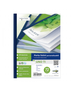 Porta listini a 72 buste in PP buccia arancia, con copertina e retro personalizzabili. Dorso blu. Il perfetto allineamento delle buste e la particolare saldatura facilitano la consultazione. Formato contenuto 220x300mm.