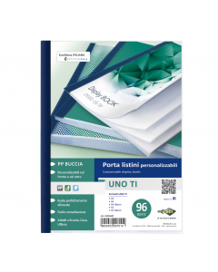 Porta listini a 96 buste in PP buccia arancia, con copertina e retro personalizzabili. Dorso blu. Il perfetto allineamento delle buste e la particolare saldatura facilitano la consultazione. Formato contenuto 220x300mm.