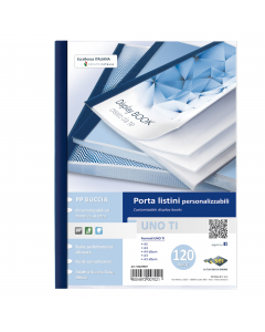 Porta listini a 120 buste in PP buccia arancia, con copertina e retro personalizzabili. Dorso blu. Il perfetto allineamento delle buste e la particolare saldatura facilitano la consultazione. Formato contenuto 220x300mm.